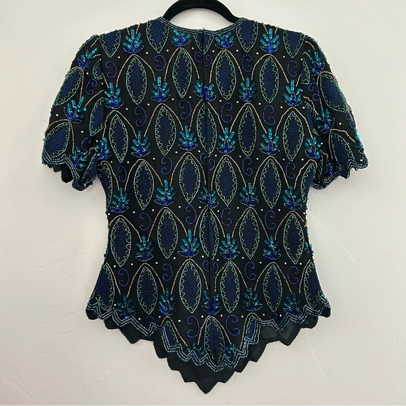 Vintage Silk Beaded Sequin Blouse Laurence Kazar SZ Petite Small Formal Holiday - Picture 2 of 9